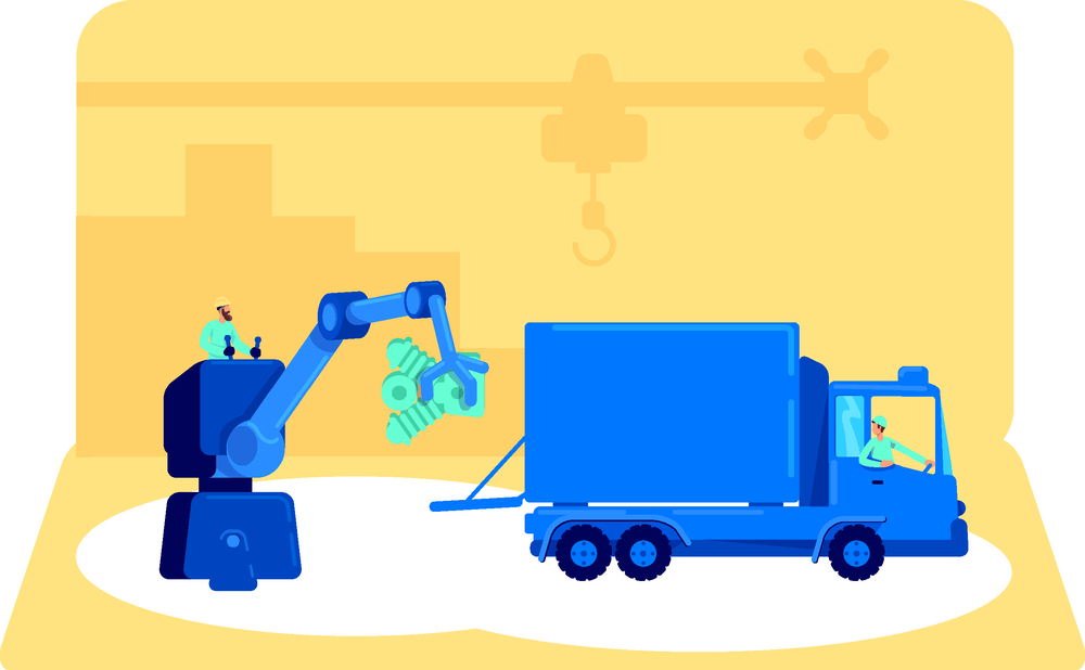 面包车平面概念矢量图 从工厂生产到仓库储存的工业工作创意分发过程